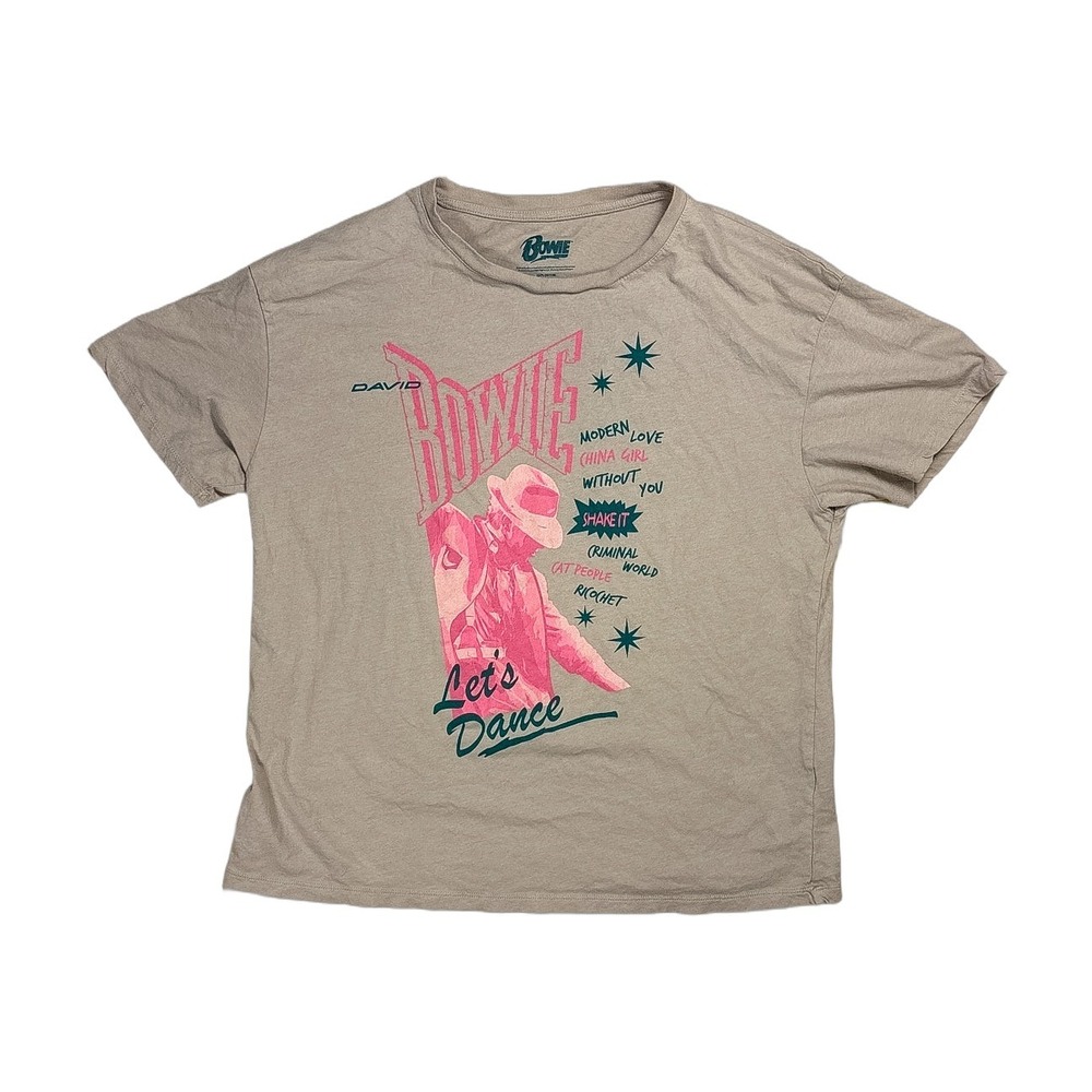 David Bowie Let's Dance Graphic T-Shirt Women Large Tan Excellent Boxy Band Tee